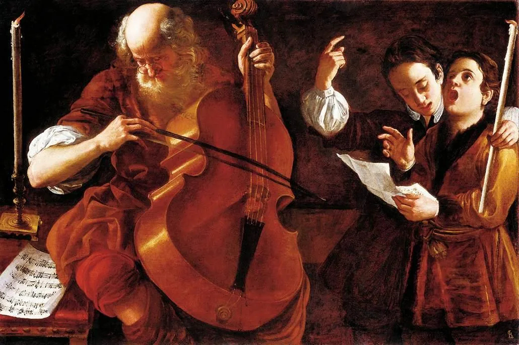 Classical musicians gathered around a score