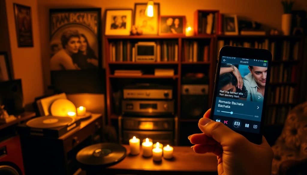 A cozy, dimly lit room with a warm, golden glow. In the foreground, a pair of hands holding a smartphone, its screen displaying a playlist of romantic bachata songs. In the middle ground, a collection of vinyl records, old-fashioned audio equipment, and a few candles casting a soft, flickering light. The background features a bookshelf filled with music-related books and memorabilia, hinting at a passion for music. The overall atmosphere is intimate, inviting, and evocative of the perfect ambiance for a bachata-themed evening.