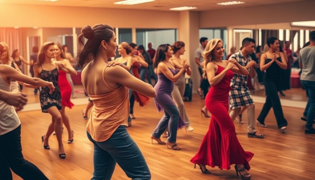 A lively dance studio filled with vibrant movement and energy. In the foreground, a group of dancers gracefully perform the sultry steps of salsa, their hips swaying and feet stepping in sync. In the middle ground, another set of dancers immerse themselves in the rhythmic sway of bachata, their bodies intertwined in a sensual embrace. The background features a warm, softly-lit setting, with wooden floors and mirrored walls, creating a welcoming atmosphere for this dance lesson. The lighting is balanced, casting a flattering glow on the dancers, highlighting their fluid motions and expressions of joy. The overall scene conveys the accessibility and popularity of these Latin dance styles, inviting the viewer to imagine themselves joining in the celebration of movement and music.