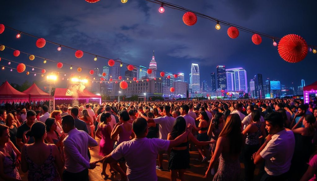 A vibrant festival celebrating the global phenomenon of bachata music and dance. A lively scene of dancers in the foreground, swaying to the rhythmic beats of live musicians. Colorful decorations, string lights, and packed crowds fill the middle ground, creating an energetic atmosphere. In the background, a stunning city skyline at night, with skyscrapers and twinkling lights reflecting the international impact of this captivating Latin dance. Dramatic lighting casts dramatic shadows, heightening the passionate, celebratory mood. Captured with a wide-angle lens to convey the grand scale and scope of this cultural festival.