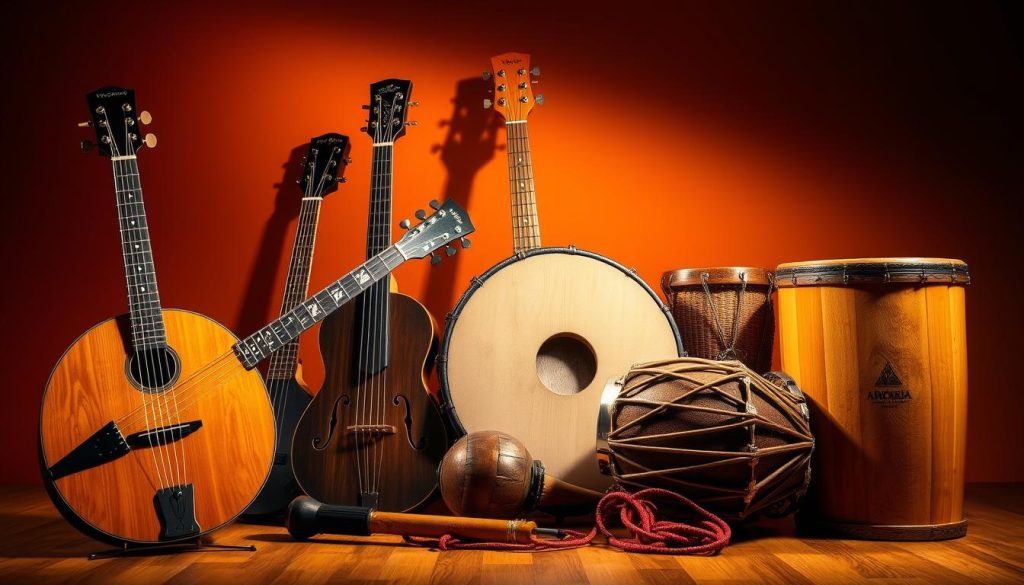 A vibrant, well-lit studio scene featuring a collection of traditional bachata musical instruments, including a cuatro, a güira, a tambora, and a caja. The instruments are arranged in a visually compelling composition, with attention to their unique shapes, textures, and colors. The lighting is warm and directional, casting dramatic shadows and highlights to accentuate the intricate details of the instruments. The overall atmosphere evokes the lively, rhythmic nature of bachata music, inviting the viewer to imagine the sounds and energy of a bachata performance.
