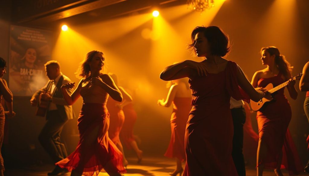Vibrant salsa dancers swaying in a dimly lit club, their hips moving in a sensual rhythm as they glide across the dance floor. In the background, a lone bachata musician strums a guitar, the mournful melody weaving through the pulsing beats. Warm, golden lighting casts dramatic shadows, creating an intimate, sultry atmosphere. The dancers' expressions are concentrated, their movements fluid and graceful, as they become lost in the music. A faint mist hangs in the air, adding to the mysterious, enchanting ambiance. The camera captures the scene from a low angle, emphasizing the energy and passion of the dance.