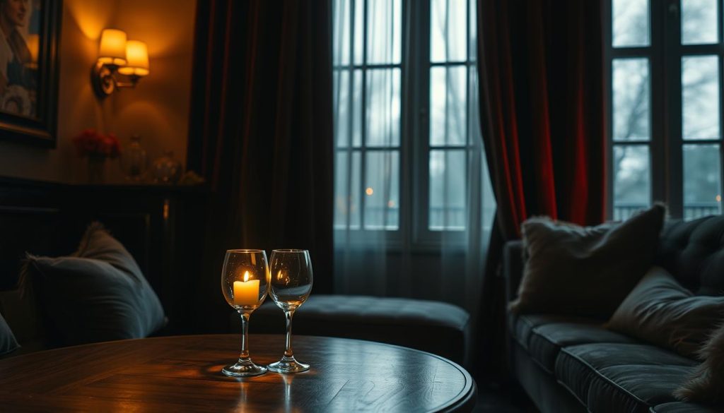 A cozy, dimly lit room with a warm, intimate ambiance. Soft, flickering candlelight illuminates a pair of wineglasses on a wooden table, casting a gentle glow on the surrounding space. In the background, lush, velvet curtains drape across large windows, diffusing the outside light and creating a sense of privacy and seclusion. Plush, luxurious textiles adorn the furniture, inviting comfort and relaxation. The overall atmosphere is one of sensual, romantic allure, perfect for an evening of bachata music and cherished company.