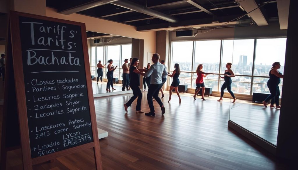 A stylish and modern dance studio interior with hardwood floors, mirrored walls, and bright natural lighting. In the foreground, a chalkboard sign displays the "Tarifs cours bachata Lyon" details, listing class packages and pricing. The middle ground features a group of students learning the rhythmic movements of bachata, guided by a passionate instructor. The background showcases a vibrant city skyline visible through large windows, setting the urban atmosphere. The overall scene conveys an inviting and professional environment for those seeking to learn and improve their bachata skills in Lyon.