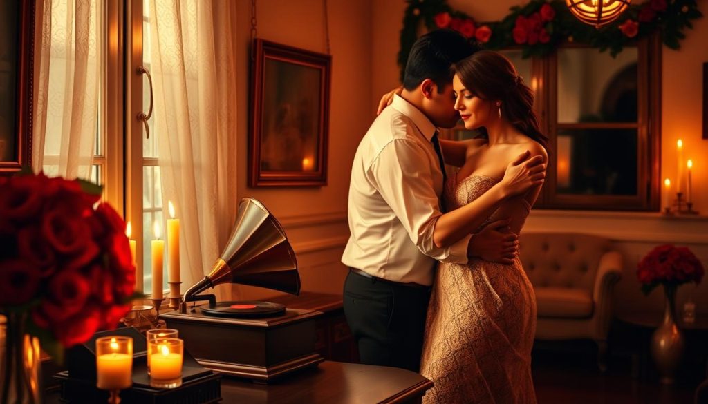 A warm, sensual ambient lighting illuminates a cozy, intimate setting featuring a tasteful display of red roses, flickering candles, and a vintage gramophone softly playing a sultry bachata melody. In the center, a couple embraces, their movements in perfect sync as they sway to the rhythmic, emotive sounds, their expressions conveying a deep, passionate connection. The scene exudes a romantic, alluring atmosphere, capturing the essence of a perfect evening in the company of a loved one, immersed in the captivating essence of bachata sensuality.