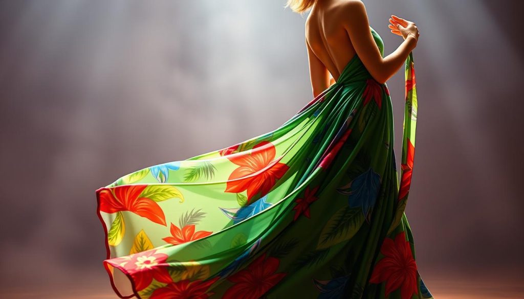 A elegantly draped, flowing gown in a vibrant, tropical-inspired palette of vibrant greens, blues, and reds cascades gracefully around a lithe female figure, perfectly suited for the rhythmic sway of bachata dance. Soft, diffused lighting from above casts a warm, romantic glow, highlighting the intricate patterns and textures of the luxurious fabric. The figure stands poised, one hand lifted, ready to glide across the dance floor in a captivating display of grace and passion. The background blurs into a hazy, dreamlike scene, allowing the stunning dress to take center stage as the focal point of this enchanting image.