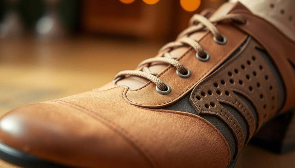 A close-up shot of various shoe materials typically used for bachata dancing. The foreground showcases an array of supple leather, suede, and microfiber in earthy tones, highlighting their flexibility and grip. The middle ground features intricate textures and patterns, such as perforated detailing and woven accents, hinting at the shoe's breathability and support. The background subtly blurs, directing the viewer's focus to the carefully selected materials that optimize comfort and movement for the dynamic bachata style. Soft, warm lighting casts a harmonious glow, conveying the elegance and sophistication of these specialized dance shoes.