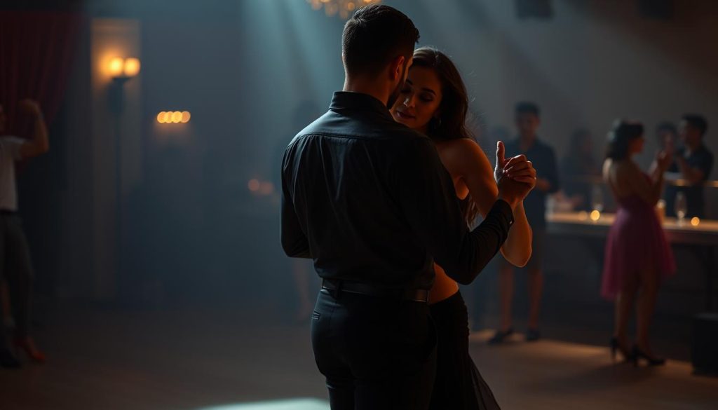 A couple engaged in sensual bachata dance, their bodies swaying in perfect rhythm. Soft lighting illuminates their fluid movements as they move in sync, their hips and torso undulating gracefully. The dance floor is dimly lit, creating an intimate atmosphere. The dancers' faces are focused, their expressions conveying the passion and connection of the dance. The overall scene evokes the musicality and connection inherent in the bachata style.