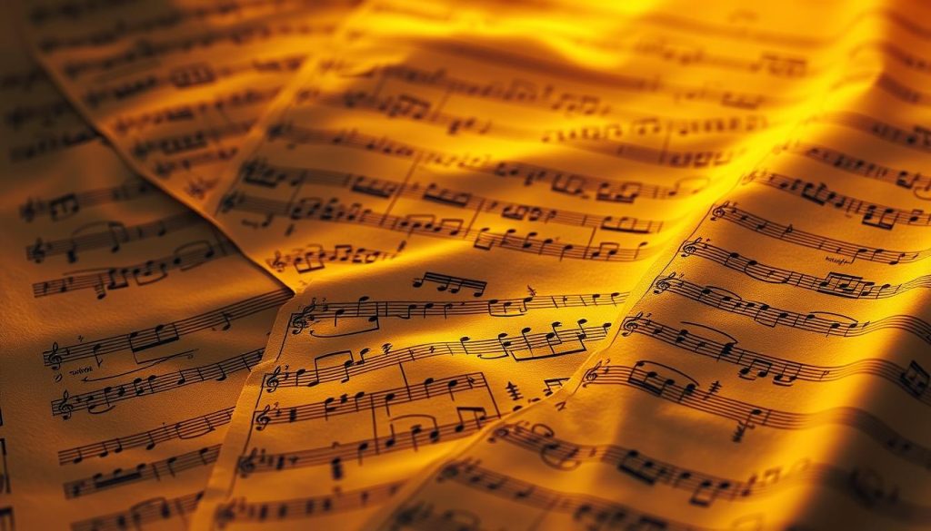 A detailed musical score unfurls, capturing the rhythmic essence of bachata. The pentagram lines frame a lush arrangement, with flowing melodies and intricate chord progressions. Delicate flourishes of guitar, bass, and percussion instruments intertwine, creating a vibrant and captivating tapestry of sound. The score is bathed in warm, golden light, casting a sense of depth and atmosphere. The composition is shot from a slightly elevated angle, allowing the viewer to appreciate the complexity and structure of this enchanting musical form. The overall mood is one of grace, elegance, and the profound connection between music and movement that defines the bachata experience.