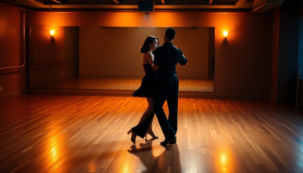 A dimly lit dance studio, the wooden floor gleaming under warm, golden lights. In the foreground, a couple performing bachata, their movements halting and disjointed, limbs out of sync. In the middle ground, a mirrored wall reflects their awkward steps, highlighting the disconnect between their bodies. The background fades into a soft, hazy blur, drawing the viewer's focus to the central scene - a visual representation of common bachata mistakes, the dancers struggling to find the rhythm and fluidity that defines the style. The atmosphere is one of gentle guidance, an invitation to observe and learn from these errors, to better understand the musicality and flow that elevates bachata into an elegant, captivating dance.