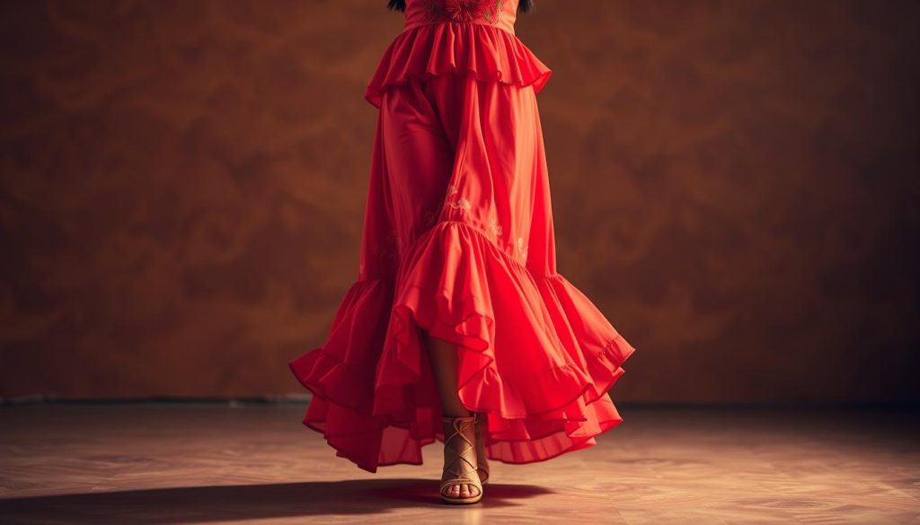 A full-length, traditional Bachata dancer stands center frame, illuminated by soft, warm lighting. Their outfit consists of a flowing, ruffled skirt in vibrant red or coral, paired with a fitted, off-the-shoulder top in a complementary hue. Delicate floral embroidery decorates the sleeves and hem. The dancer's feet are adorned with strappy, high-heeled sandals, their toes painted in a bold color. The background is a subtly blurred, earthy tone, allowing the dancer's intricate, traditional attire to take center stage. The overall mood is one of elegance, cultural heritage, and the graceful movements of the Bachata dance.