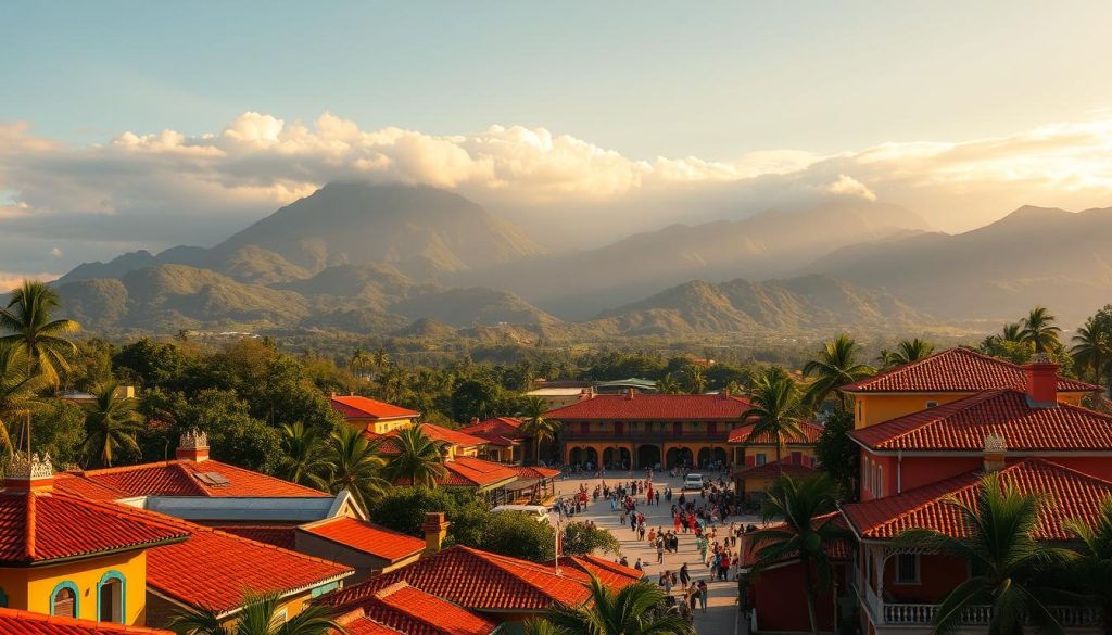 A lush, sun-drenched landscape of the Dominican Republic, showcasing the vibrant cultural heritage that gave rise to the captivating dance of bachata. In the foreground, a cluster of traditional Dominican houses with vibrant, colorful facades, their red tiled roofs and ornate architectural details capturing the essence of the country's architectural traditions. In the middle ground, a bustling village square, where locals gather, their movements and interactions evoking the rhythmic sway of bachata. In the background, a majestic mountain range, its peaks shrouded in mist, serving as a dramatic and awe-inspiring backdrop to this scene of Dominican life. The lighting is warm and golden, casting a soft, romantic glow over the entire composition, evoking the sensual, passionate nature of the bachata dance.