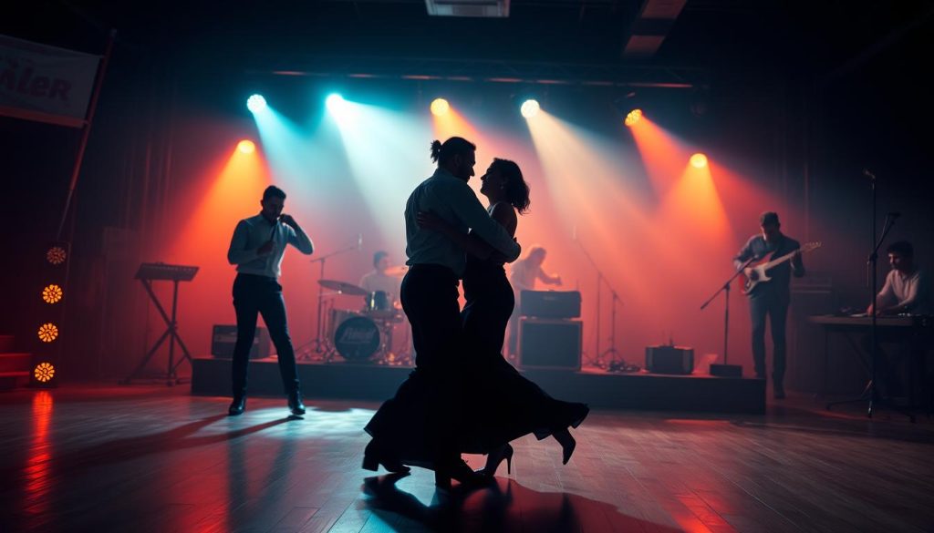 A rhythmic scene of a couple gracefully moving to the pulsing beat of bachata music. The foreground features their fluid, sensual movements, with the man leading and the woman following, their bodies swaying in sync. The middle ground showcases a dimly lit dance floor, the dancers silhouetted against the soft, warm lighting. In the background, a hazy backdrop of a live bachata band playing with passion, their instruments and musicians subtly visible. The overall atmosphere is intimate, atmospheric, and evocative of the captivating essence of bachata.