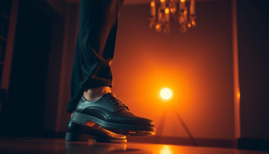 A stylish man stands confidently in a dimly lit room, his gaze focused and determined. The warm, golden lighting casts a soft glow on his chic, well-crafted bachata shoes. The shoes feature a sleek, modern design with a flexible sole and a subtle, textured upper material that provides both style and comfort. The man's posture exudes a sense of poise and control, perfectly embodying the balance between fashionable aesthetics and functional performance that defines the ideal bachata shoes for men.
