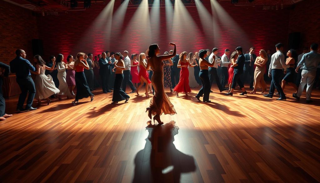 A vibrant dance floor, the center stage for the diverse styles of bachata. In the foreground, a couple gracefully executes intricate footwork, their bodies in perfect sync with the sultry rhythm. Surrounding them, a diverse array of dancers, each embodying a distinct interpretation of the genre - from the smooth and seductive to the energetic and playful. Dramatic lighting casts long shadows, accentuating the fluid movements and creating an atmosphere of sensuality and passion. In the background, a warm, textured ambiance sets the stage, hinting at the rich cultural heritage that has shaped this captivating dance form.