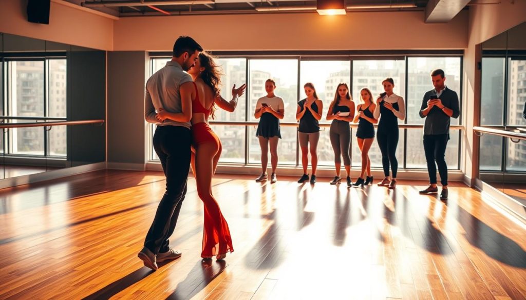 A vibrant, energetic scene of a bachata dance lesson. In the foreground, a pair of dancers move gracefully, their bodies in perfect sync as they execute the signature steps of the sensual Latin dance. Warm, golden lighting illuminates their movements, casting dramatic shadows on the polished hardwood floor. In the middle ground, other students observe intently, taking notes and tapping their feet to the rhythmic beat. The background features a sleek, modern dance studio, with large windows allowing natural light to pour in, creating a sense of openness and inspiration. The overall atmosphere is one of focus, passion, and a desire to master the art of bachata.