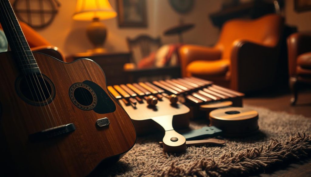 A warm, dimly lit scene of traditional Dominican Bachata instruments. In the foreground, a sleek, wooden Spanish guitar with worn, weathered strings. Beside it, a hand-carved marimba, its wooden bars glistening under soft, amber lighting. In the middle ground, a pair of small, hand-held percussion instruments - claves and guira - resting on a plush, textured rug. The background is hazy, filled with the rich, earthy tones of vintage furniture and the faint silhouettes of other Bachata essentials. An intimate, nostalgic atmosphere evokes the heart and soul of this beloved Latin American musical tradition.