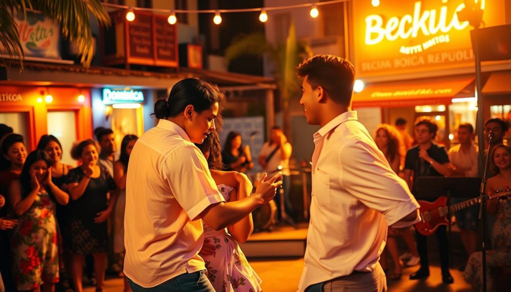 A warm, vibrant scene showcasing the cultural impact of traditional Bachata music. In the foreground, a couple passionately dancing the Bachata, their movements fluid and rhythmic. Surrounding them, a lively crowd of onlookers, their faces alight with joy and appreciation. In the middle ground, a band performs on a small stage, the musicians immersed in the captivating Bachata melodies. The background depicts a lively street scene, with colorful buildings, neon signs, and a hint of the Dominican Republic's vibrant atmosphere. Warm, golden lighting bathes the entire scene, creating a sense of energy and celebration. The overall composition conveys the deep cultural significance and joyful spirit of traditional Bachata.