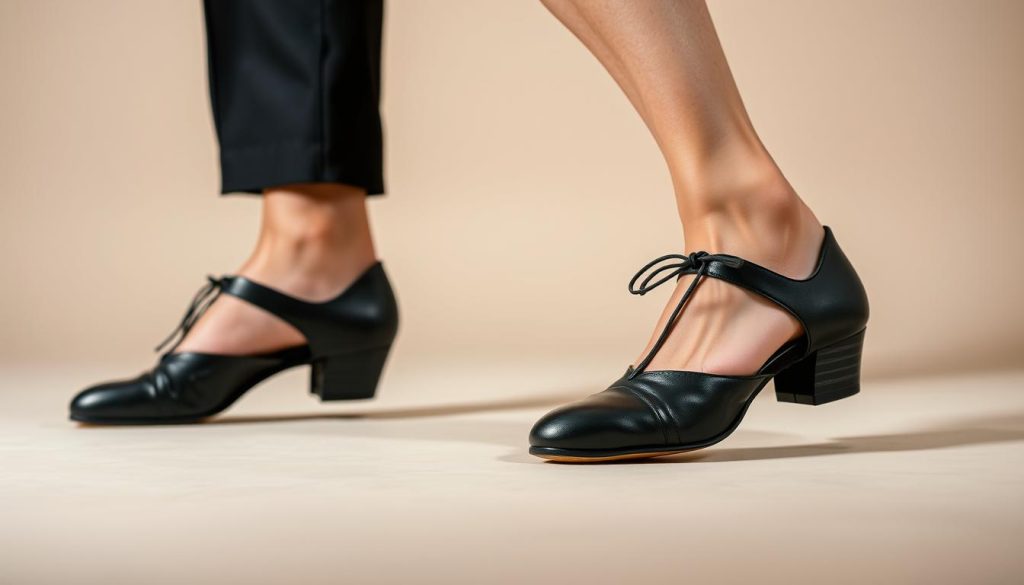 A well-lit, high-resolution studio shot of a person's feet trying on a pair of black leather bachata dance shoes. The shoes are prominently displayed in the foreground, with the person's lower legs and feet visible. The background is a plain, neutral-colored backdrop, allowing the shoes to be the focal point. The lighting is soft and even, accentuating the texture and details of the shoes. The composition is balanced, with the person's feet positioned in a natural, relaxed stance. The overall mood is one of casual, hands-on exploration, inviting the viewer to imagine themselves trying on the shoes.