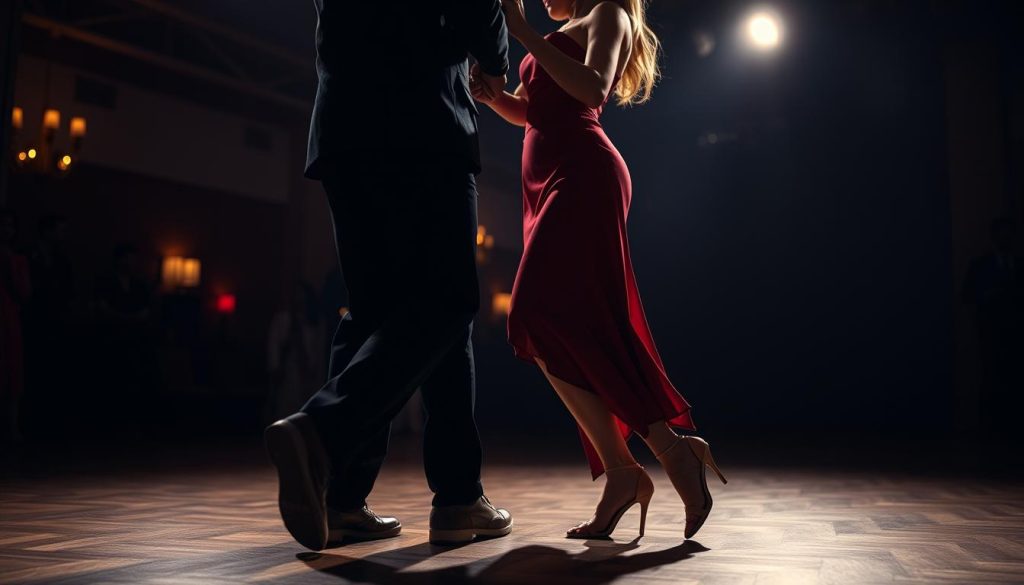 Positions bachata: Two dancers in an intimate embrace, their bodies swaying in sync to the rhythmic beat of bachata music. The foreground features their intricate footwork, with one partner leading and the other responding fluidly. The middle ground showcases their graceful upper body movements, hands clasped together as they navigate the dance floor. The background depicts a dimly lit, sultry atmosphere, with hints of warm lighting casting a romantic glow. Capture the essence of this sensual, partner-based dance style through a low-angle, wide-shot perspective that emphasizes the elegance and connection between the dancers.