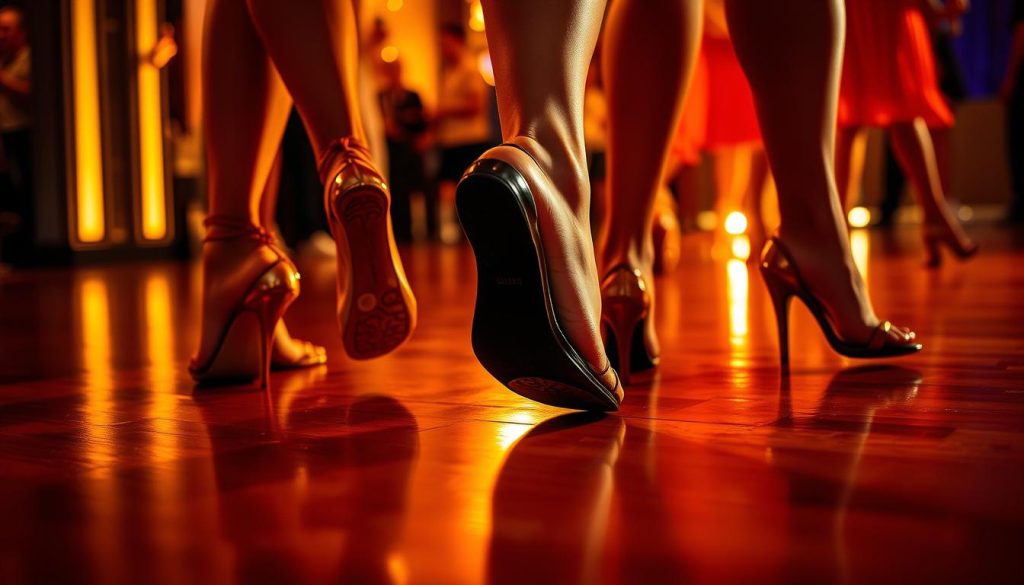 Taloned feet of graceful bachata dancers, their soles adorned with intricate patterns, poised upon a polished wooden dance floor. Warm lighting casts a seductive glow, as the women's lithe figures sway to the rhythm, their footwear a seamless extension of their movements. The scene exudes an air of sensuality and fluid elegance, inviting the viewer to experience the captivating world of bachata dance. Captured through a lens with a shallow depth of field, the focus drawn to the dancers' feet, highlighting the ideal shoe characteristics for this passionate style of dance.