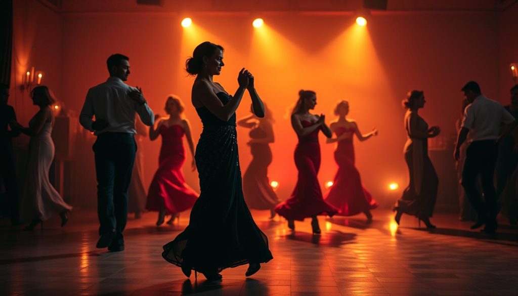 Vibrant and rhythmic traditional bachata dancers, dressed in elegant attire, gracefully move across a dimly lit dance floor. The foreground features a couple in close embrace, their bodies swaying in perfect synchronization to the sensual beats. The middle ground showcases additional dancers, their footwork intricate and fluid, while the background is shrouded in a warm, atmospheric lighting that evokes the sultry essence of the genre. The scene exudes an air of authenticity, capturing the essence of bachata's rich cultural heritage and the timeless allure of its traditional style.