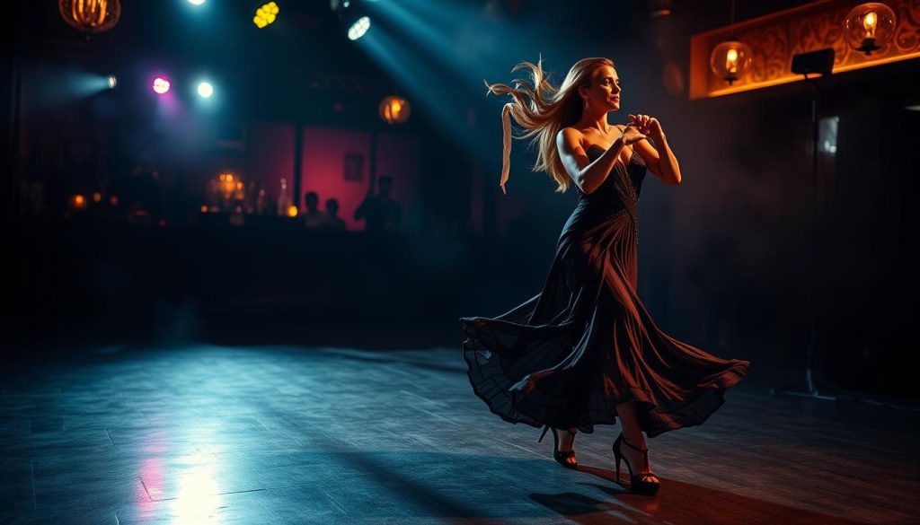 A captivating Latin dance performance showcasing a unique and mesmerizing style. In the foreground, a skilled dancer fluidly moves with graceful, precise movements, their body language radiating passion and artistry. The middle ground features a dimly lit stage, with moody lighting casting dramatic shadows that accentuate the dancer's fluid motions. In the background, a hazy, atmospheric setting evokes the sultry, sensual mood of a Latin dance club. The overall composition conveys a sense of artistic flair, technical mastery, and a strong personal style that sets this dancer apart.