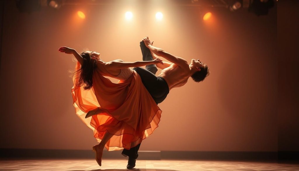 A captivating dance performance of Latin-inspired lifts and throws, with two graceful dancers suspended mid-air in a dramatic embrace. The foreground features the intricate footwork and intricate hip movements of the leading lady, her flowing dress catching the light. In the middle ground, the male partner supports her weight, his muscular arms cradling her as they execute a seamless, acrobatic lift. The background is softly blurred, with a warm, ambient lighting creating an intimate, performance-like atmosphere. The overall scene exudes a sense of power, passion, and technical mastery, perfectly capturing the essence of advanced bachata techniques.