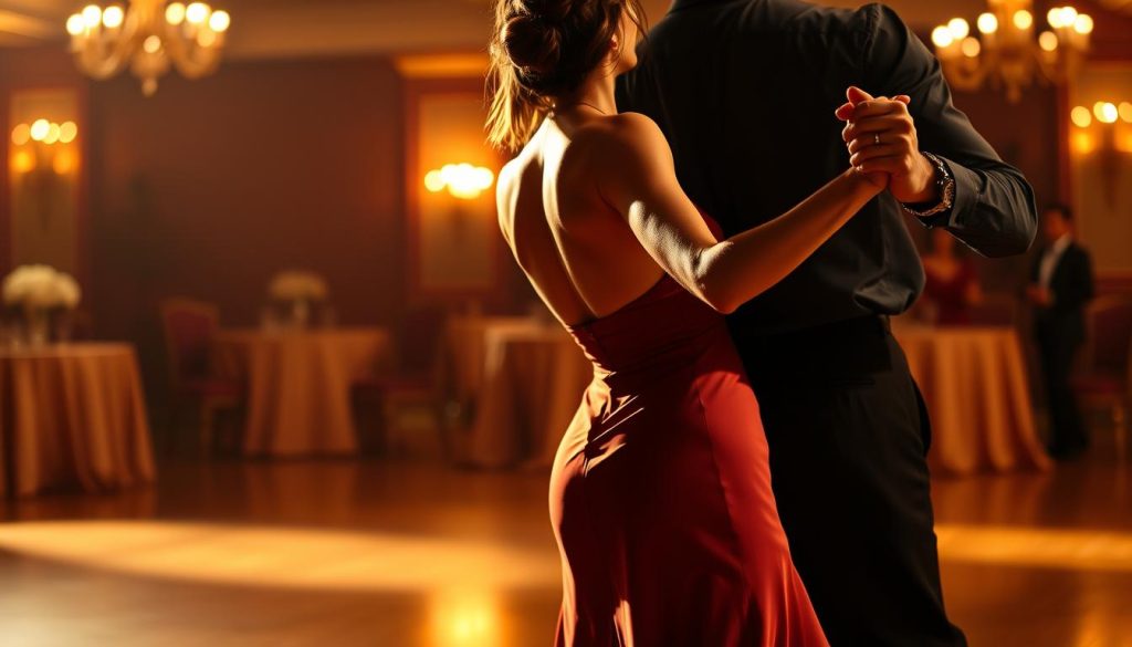 A couple dancing bachata in a dimly lit ballroom, the woman elegantly leaning back as the man supports her, their bodies moving in synchronous sensual rhythm. The foreground features their intertwined hands and the man's confident, guiding grip. The middle ground showcases the graceful flow of their movements, hips swaying in perfect harmony. The background is softly blurred, emphasizing the intimate connection between the dancers. Warm, golden lighting casts a romantic glow, creating an atmospheric, almost dreamlike quality. The scene radiates the essence of advanced bachata - a delicate balance of technique, passion, and unity.