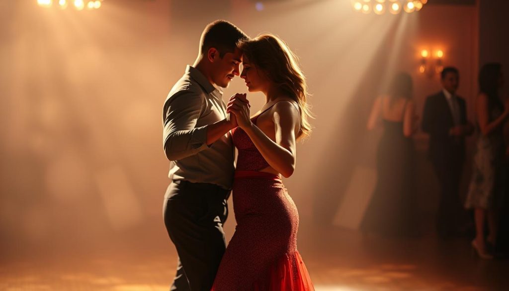 A couple dancing the bachata, their bodies moving in sensual, rhythmic unison. Soft lighting casts warm shadows, highlighting the fluidity of their movements. The foreground captures the dancers' intense focus and connection, their faces nearly touching as they sway to the alluring beat. In the background, a hazy, atmospheric setting evokes the intimate, sultry ambiance of a bachata dance floor. Capturing the musical essence of this passionate Latin dance form, the image conveys the grace, passion, and "musicalité" that defines advanced bachata.