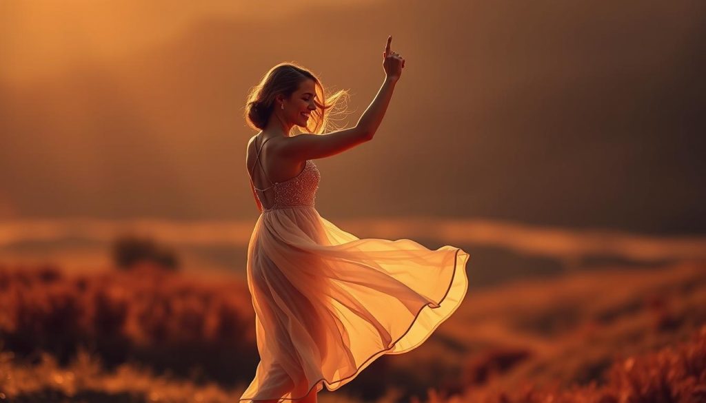 A graceful figure dances solo, their movements fluid and effortless. Warm lighting casts a soft glow, highlighting the dancer's elegant form as they sway and twirl, lost in the rhythm. The background is a blurred, dream-like landscape, allowing the viewer to focus on the captivating performance. The dancer's expression is one of joy and inner peace, conveying the pleasure and ease of dancing without a partner. The composition is balanced and harmonious, capturing the essence of the "Danse avec aise" experience.