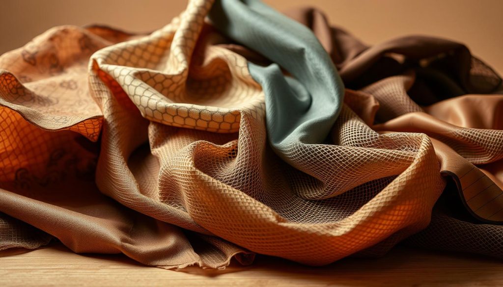 A lively, textural arrangement of dance attire materials - flowing fabrics, flexible leathers, breathable meshes - captured in a warm, studio-lit setting. Intricate patterns and organic textures create visual interest, while a sense of movement and dynamism evokes the energy of the dance floor. The composition emphasizes the tactile, sensory qualities of the materials, inviting the viewer to imagine their feel and drape on the body. Soft, diffused lighting accentuates the materials' depth and luster, conveying a sense of elegance and sophistication suitable for the dance studio.