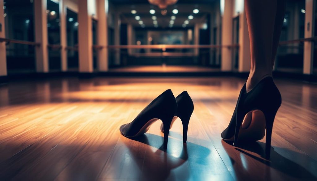 A pair of elegant, suede bachata dance shoes stand in the foreground, their sleek silhouette and high heels hinting at the graceful movements they were designed for. The shoes are illuminated by soft, warm lighting, casting subtle shadows that accentuate their curves. In the middle ground, a hardwood dance floor stretches out, its surface polished to a gleam. In the background, a dance studio comes into focus, its walls adorned with mirrors that reflect the shoes, creating a sense of depth and movement. The overall mood is one of anticipation and excitement, evoking the energy and passion of the bachata dance.