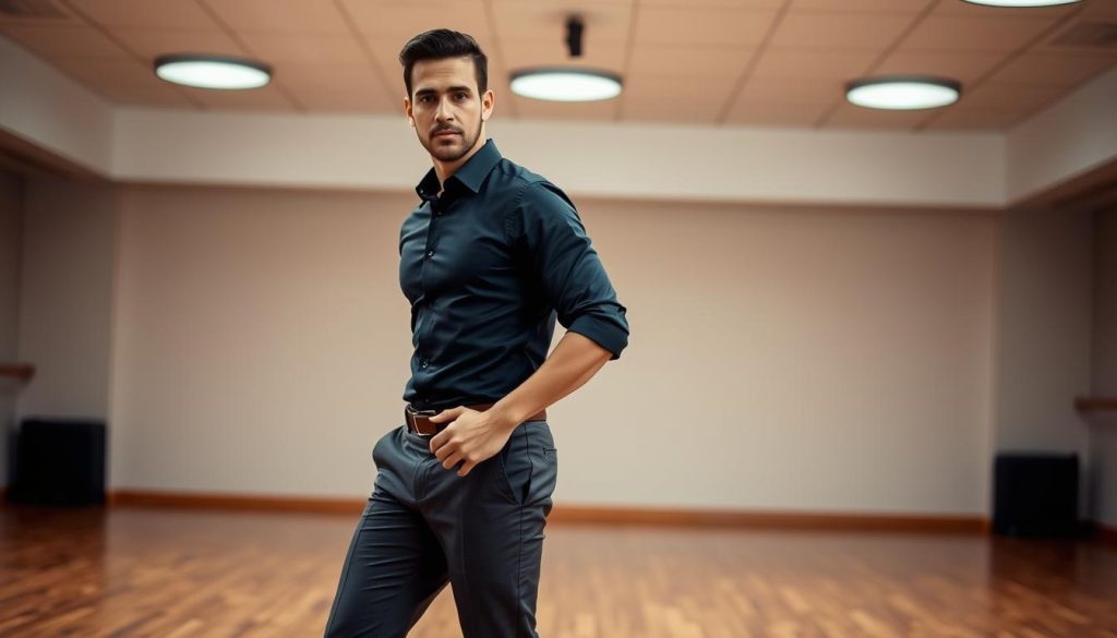 A well-dressed man stands in a dance studio, his body poised for the lively movements of bachata. He wears a slim-fitting, dark-colored collared shirt, the sleeves casually rolled up, revealing toned forearms. His tailored trousers in a complementary hue flow gracefully as he shifts his weight, ready to glide across the polished wooden floor. Soft, even lighting from overhead fixtures gently illuminates his confident expression and the elegant lines of his attire, creating an air of sophistication befitting the sensual rhythm of bachata. The background fades into a blur, placing the stylish gentleman at the center of attention, a model of how to dress for an engaging bachata lesson.
