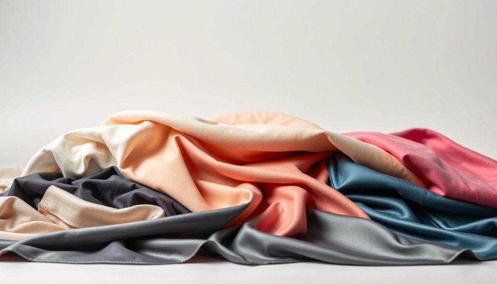A well-lit, studio-quality photograph of a range of comfortable, flexible clothing materials suitable for a bachata dance class. The foreground showcases a variety of fabrics, textures, and colors, including breathable cotton, stretchy lycra, and silky satin. In the middle ground, the materials are arranged in a dynamic, visually appealing composition, with folds and drapes that suggest movement and flexibility. The background is a simple, neutral-toned setting that allows the focus to remain on the featured dance attire. The overall mood is one of casual elegance, highlighting the practical yet stylish nature of the ideal bachata class ensemble.