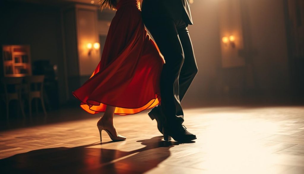 Fluidité en bachata: a graceful and flowing dance captured in motion. A couple glides across a dimly lit dance floor, their bodies moving in perfect synchronicity. Soft lighting casts a warm glow, highlighting the sensual curves of their movements. The foreground is in sharp focus, showcasing the intricate footwork and elegant body rolls. The background is subtly blurred, creating a sense of intimacy and immersion. Shades of amber and ochre lend an atmospheric quality, evoking the sultry rhythm of the music. Fluid, effortless, and captivating - this image embodies the essence of advanced bachata, where technique and passion converge in a mesmerizing display of movement.