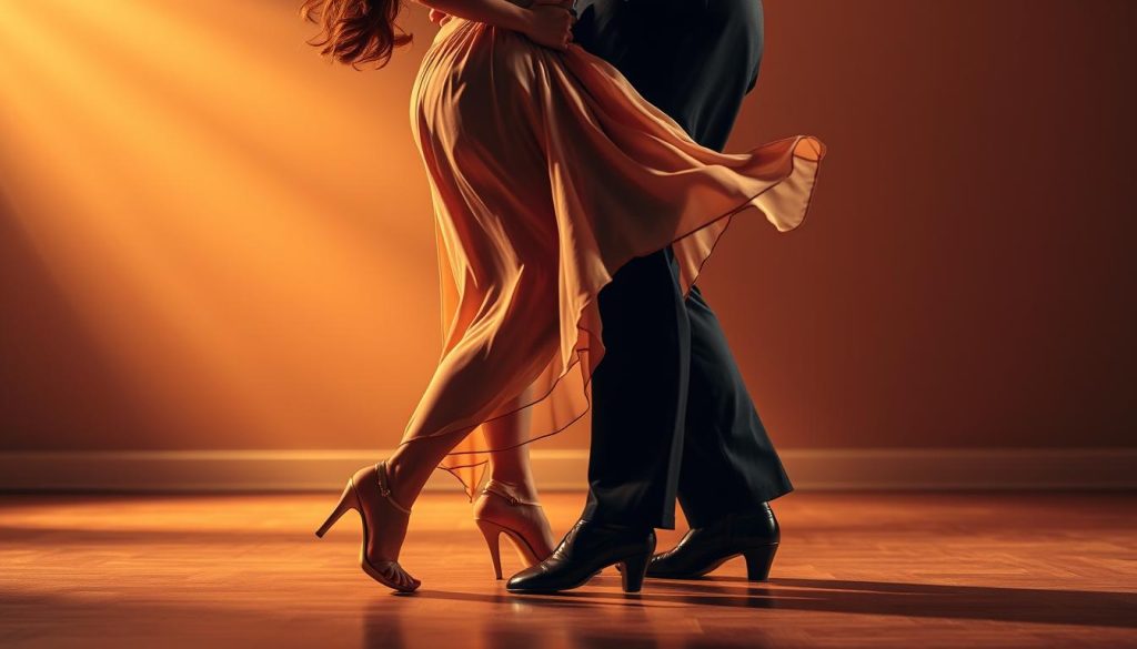 Smooth transitions in latin dance: two elegant dancers in mid-motion, bodies gracefully flowing between complex bachata figures. Warm overhead lighting casts soft shadows, highlighting the dancers' fluid movements and intricate footwork. The background is a blur of muted tones, placing the focus squarely on the dancers' mesmerizing choreography. Dramatic angles and close-up framing emphasize the dancers' technical mastery and the visually captivating nature of their performance. An atmosphere of fluidity, control, and artistic expression permeates the scene.