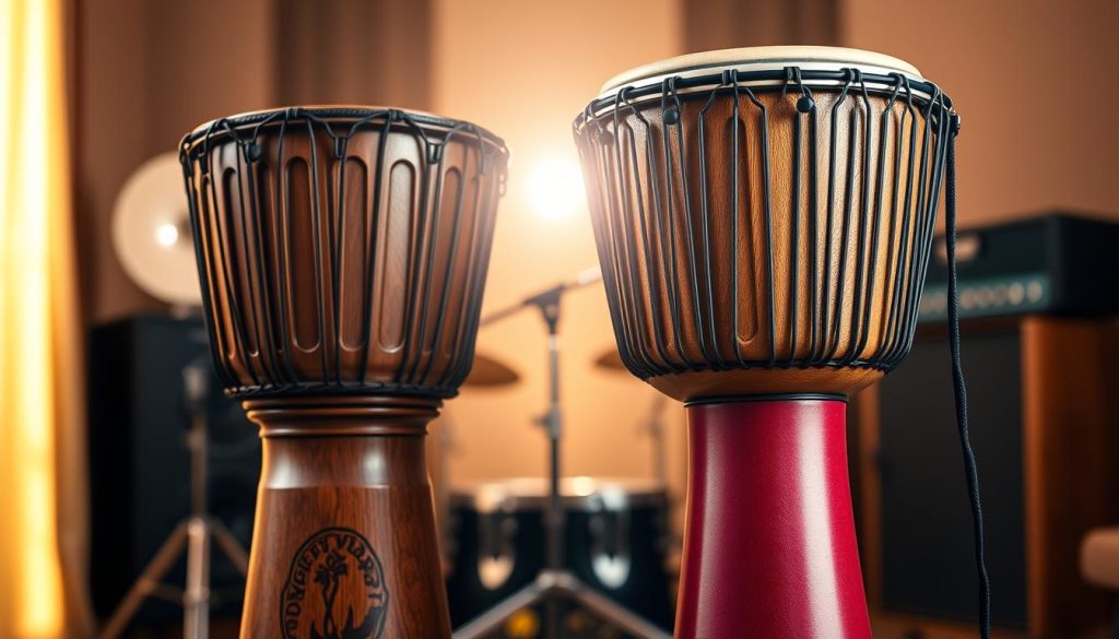 A beautifully arranged composition showcasing a traditional djembé alongside a modern variation, highlighting their distinct features. In the foreground, the traditional djembé, made of rich mahogany with intricate carvings, exudes an artisanal feel. Beside it, a modern djembé crafted from lightweight materials in vibrant colors showcases innovative design elements. In the middle ground, a soft, diffused light illuminates the instruments, casting gentle shadows that emphasize their textures. The background features a blurred, warm-toned setting resembling a cozy music studio, enhancing the atmosphere. The overall mood is inviting and inspiring, suggesting the journey of discovery in choosing the right drum, with a focus on craftsmanship and musical expression. Ensure the image is free of any text or markings.