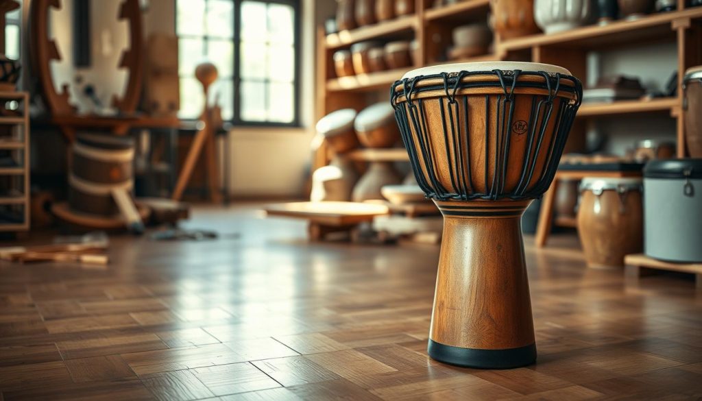 A beautifully crafted, traditional djembé made from solid wood, showcasing intricate carvings and a natural finish. In the foreground, the djembé stands on a polished wooden floor, its skin taut and glistening under soft, warm light. The middle ground features an artisan’s workspace, with tools and materials scattered around, suggesting a handmade quality to the instrument. In the background, softly blurred shelves display more djembés and percussion instruments, creating an immersive atmosphere of craftsmanship. The scene is illuminated by natural light filtering through a nearby window, casting gentle shadows and enhancing the rich textures of the wood. The overall mood is inviting and artistic, reflecting the dedication to quality in artisan and professional instruments.