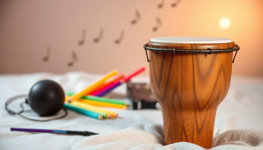 A beautifully crafted wooden djembé displayed prominently in the foreground, showcasing its intricate carvings and natural grain patterns. The djembé is positioned on a soft, textured surface, allowing the viewer to appreciate its craftsmanship. In the middle ground, gently blurred, are various accessories like a tuning key and colorful drumsticks, hinting at the art of drumming. The background features soft, warm lighting that casts a cozy glow, creating an inviting atmosphere. Faint silhouettes of musical notes could be suggested, accentuating the theme of music. The image captures a sense of anticipation and inspiration, perfect for drumming enthusiasts exploring their first purchase. The composition should be shot from a slightly elevated angle, emphasizing the djembé's details without clutter.