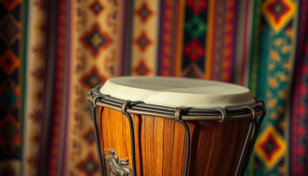A close-up view of a beautifully crafted djembé drum with its distinctive features highlighted. The foreground showcases the intricate carvings on the wooden body, depicting traditional African motifs, while the taut goat skin head captures the light, emphasizing its smooth texture. In the middle ground, a soft, diffused light casts gentle shadows, enhancing the drum’s organic shapes and details. The background features a blurred tapestry of vibrant African textiles, creating a warm and inviting atmosphere that reflects the cultural significance of the djembé. The image should evoke a sense of reverence and connection to African heritage, captured with a shallow depth of field to draw focus on the instrument.