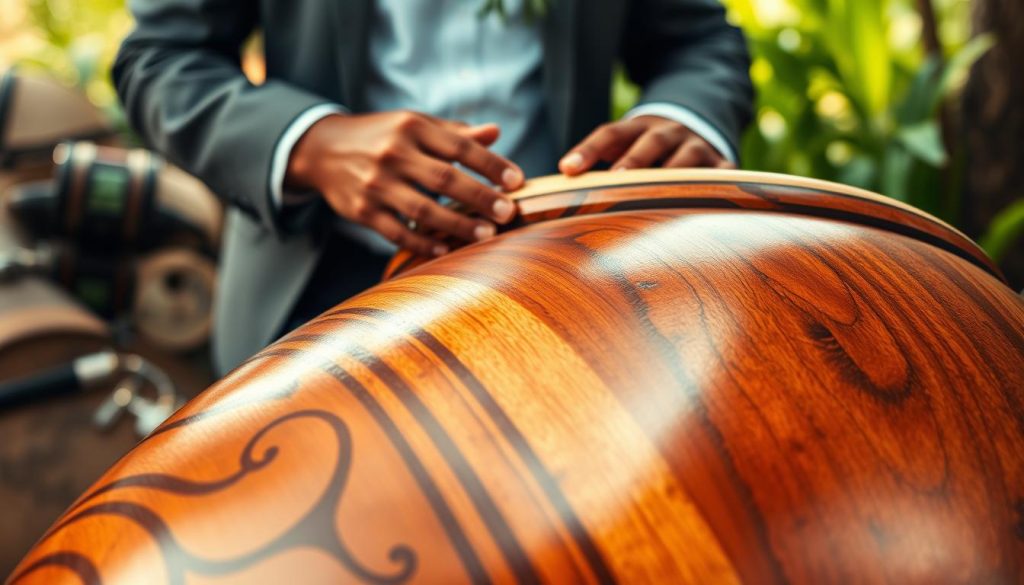 A close-up view of a beautifully crafted wooden djembé, showcasing intricate details in the wood grain, with varying shades of rich brown and subtle highlights. The foreground features a well-polished surface, emphasizing the quality of the wood. In the middle ground, display the djembé held by a professional musician in smart casual attire, their hands gracefully poised over the drum. The background is softly blurred, highlighting a natural environment, perhaps with hints of lush greenery to evoke a sense of authenticity. The lighting should be warm and inviting, with a gentle glow enhancing the wood's natural beauty. Capture this scene from a slightly elevated angle to create an immersive atmosphere that conveys craftsmanship and artistry.