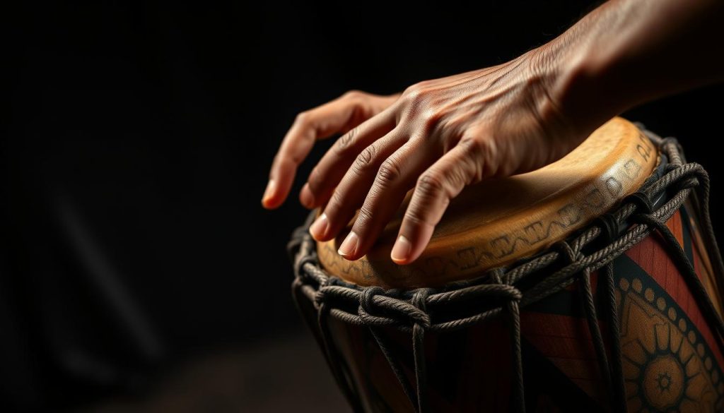 A close-up view of a skilled drummer's hands performing the "technique frappe main peau" on a djembé. The foreground features prominent, expressive hands striking the drum with precision, highlighting the texture of the skin and the wood of the djembé. The middle ground includes a traditional djembé, adorned with intricate, colorful designs that reflect cultural heritage. In the background, softly blurred dim studio lighting creates an intimate atmosphere, enhancing the feeling of being immersed in music practice. The angle captures the dynamic force of the hand's movement, adding to the rhythmic energy of the scene. The overall mood is focused and passionate, inviting viewers to appreciate the art of drumming and the mastery of sound techniques.