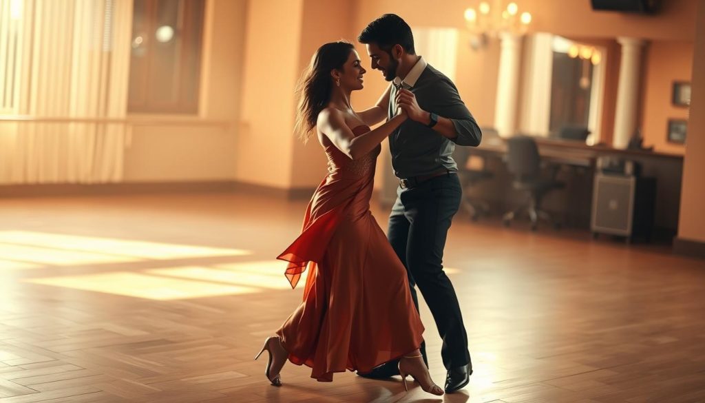 A couple gracefully executing bachata steps, their bodies moving in sync, limbs intertwined. The foreground captures their elegant poses, feet stepping in a rhythmic pattern, hips swaying with the music's tempo. The middle ground showcases their connection, gazes locked, hands clasped, expressions of joy. The background is a softly blurred dance studio, with warm lighting casting a golden glow, highlighting the couple's movements. The overall atmosphere exudes a sense of effortless fluidity and harmony, inviting the viewer to imagine themselves dancing the bachata. A couple gracefully executing bachata steps, their bodies moving in sync, limbs intertwined. The foreground captures their elegant poses, feet stepping in a rhythmic pattern, hips swaying with the music's tempo. The middle ground showcases their connection, gazes locked, hands clasped, expressions of joy. The background is a softly blurred dance studio, with warm lighting casting a golden glow, highlighting the couple's movements. The overall atmosphere exudes a sense of effortless fluidity and harmony, inviting the viewer to imagine themselves dancing the bachata.