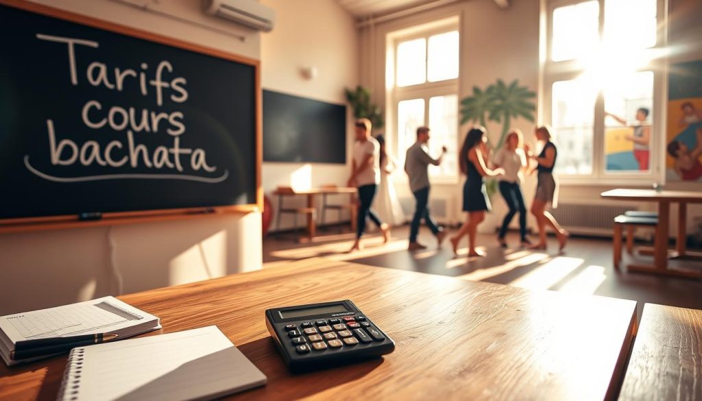 A cozy classroom setting, sunlight streaming through the windows, casting a warm glow on a blackboard displaying the words "Tarifs cours bachata". In the foreground, a neatly organized table with notebooks, pens, and a calculator, hinting at the costs and financial aspects of private bachata lessons. In the middle ground, a group of students engaged in a lively bachata dance lesson, their movements graceful and fluid. The background features a vibrant Latin-inspired mural, adding to the atmosphere of the space. The overall scene conveys a sense of professionalism, attention to detail, and the value of personalized instruction in the art of bachata. A cozy classroom setting, sunlight streaming through the windows, casting a warm glow on a blackboard displaying the words "Tarifs cours bachata". In the foreground, a neatly organized table with notebooks, pens, and a calculator, hinting at the costs and financial aspects of private bachata lessons. In the middle ground, a group of students engaged in a lively bachata dance lesson, their movements graceful and fluid. The background features a vibrant Latin-inspired mural, adding to the atmosphere of the space. The overall scene conveys a sense of professionalism, attention to detail, and the value of personalized instruction in the art of bachata.