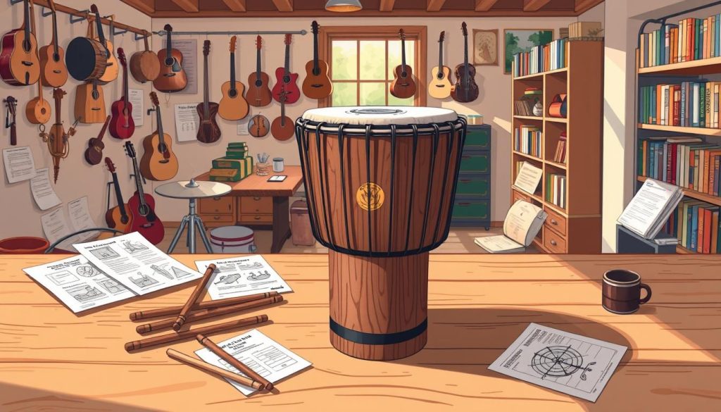 A detailed and engaging illustration depicting practical tips for selecting a djembe drum. In the foreground, there's a beautifully crafted djembe on a wooden table, showcasing its intricate carvings and natural textures. Surrounding the drum are visual aids like a selection of drum sticks, instructional diagrams, and measurement tools. In the middle ground, a serene workspace with soft natural light filtering through a window casts gentle shadows, enhancing the warm, inviting mood. The background includes a cozy music room filled with hanging instruments and shelves lined with music books, creating a sense of an inspiring environment for drumming enthusiasts. The overall atmosphere is one of creativity and guidance, encouraging viewers to consider their choices thoughtfully.