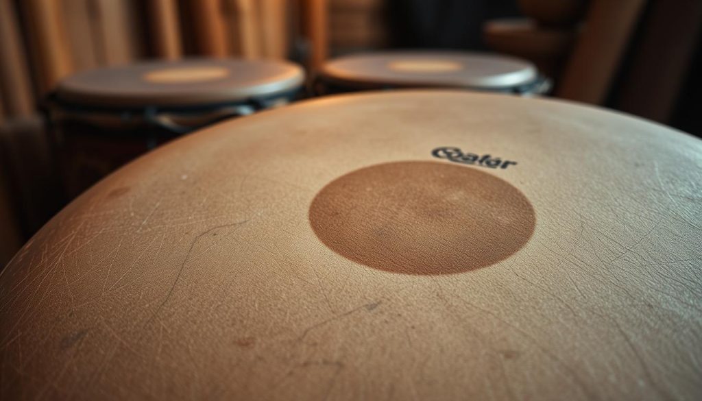 A detailed close-up image of a "peau djembé," showcasing the intricate textures and natural variations of the skin used for djembés. The foreground features the beautifully stretched drumhead, highlighting the fine grains, slight imperfections, and rich coloration, giving a glimpse of its organic origin. In the middle ground, include the ornate wooden body of the djembé, emphasizing the unique carvings and craftsmanship that enhance its aesthetic appeal. The background should be softly blurred, depicting a warm, ambient light setting that mimics a traditional music room or workshop environment. The mood is inviting and artistic, capturing the essence of the craftsmanship and cultural significance of the djembé, with gentle lighting to evoke a sense of warmth and creativity. Capture this scene using natural, diffused light to enhance textures and create depth.