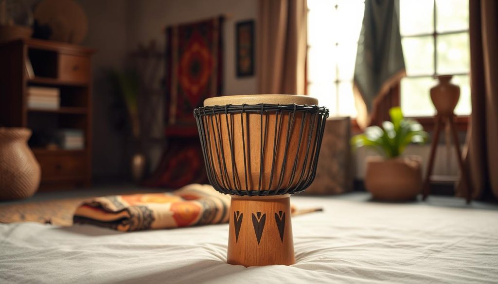 A high-quality mid-range djembé prominently displayed in the foreground, showcasing its intricate carvings and natural wooden texture. The drum is set on a soft, neutral-toned surface to highlight its features. In the middle ground, a subtle array of traditional African textiles compliments the drum, hinting at cultural heritage. The background is softly blurred, featuring an ambient room with warm, natural lighting filtering through a window, creating a welcoming atmosphere. The scene evokes a sense of appreciation for craftsmanship and musical tradition. A close-up angle allows the viewer to truly appreciate the details of the djembé while fostering an inviting, inspirational mood for potential buyers.