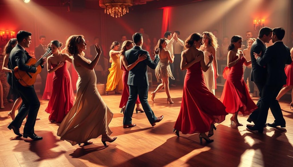 A lively and evocative scene depicting the diverse styles of bachata dance. In the foreground, graceful couples sway and twirl, their bodies moving in sync to the rhythmic guitar and percussion. In the middle ground, a mix of traditional and modern bachata forms are showcased - from the smooth and romantic to the more energetic and playful interpretations. The background is filled with a warm, dimly lit ambiance, suggestive of a sultry nightclub or intimate gathering. The lighting casts dramatic shadows, accentuating the sensual movements and intimate connection between the dancers. The overall atmosphere is one of passion, elegance, and the rich cultural heritage of this beloved Latin dance style.