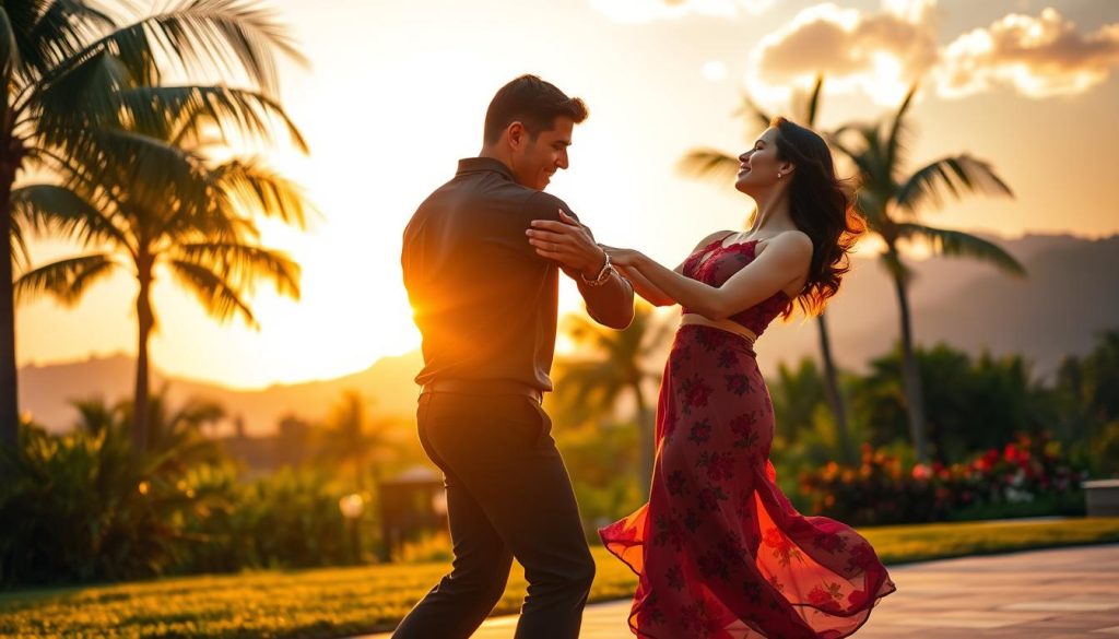 A serene outdoor scene with a couple passionately dancing bachata under a warm, golden sunset. The foreground features the dancers in fluid motion, their bodies intertwined as they move in rhythmic harmony. The middle ground shows a lush, tropical landscape with swaying palm trees and vibrant foliage. In the background, a picturesque mountain range provides a majestic backdrop. The lighting is soft and diffused, casting a flattering glow on the dancers' faces and creating a sense of tranquility. The overall atmosphere is one of physical and mental well-being, reflecting the health benefits of this captivating Latin dance. A serene outdoor scene with a couple passionately dancing bachata under a warm, golden sunset. The foreground features the dancers in fluid motion, their bodies intertwined as they move in rhythmic harmony. The middle ground shows a lush, tropical landscape with swaying palm trees and vibrant foliage. In the background, a picturesque mountain range provides a majestic backdrop. The lighting is soft and diffused, casting a flattering glow on the dancers' faces and creating a sense of tranquility. The overall atmosphere is one of physical and mental well-being, reflecting the health benefits of this captivating Latin dance.